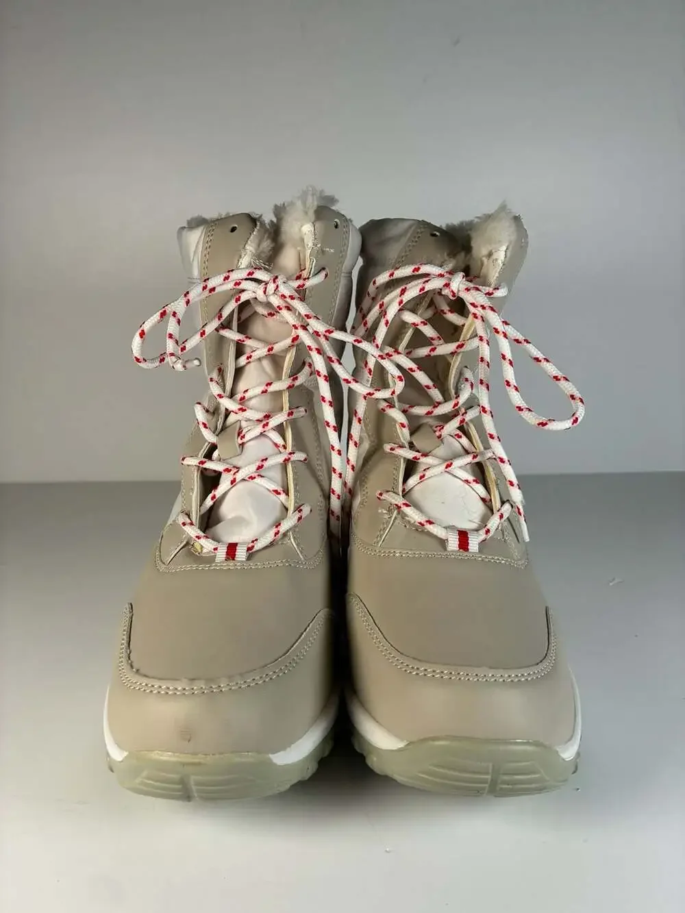 Women's Beige and White Platform Lace-Up Winter Snow Boots with Fleece Lining